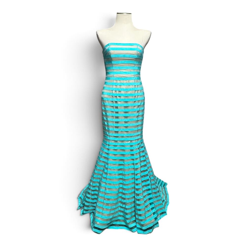 Sherri Hill Strapless Striped Mermaid Gown Turquoise Aqua Blue Sheer 6